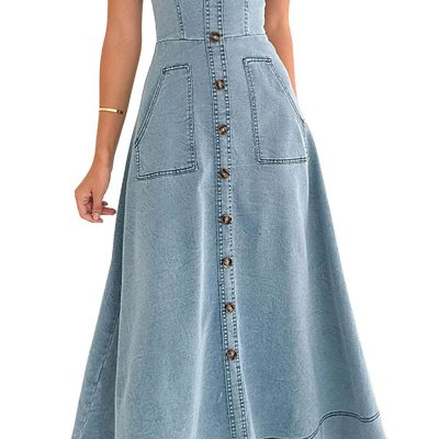 A-Line Denim Dress with Adjustable Shoulder Neck