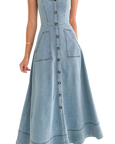 A-Line Denim Dress with Adjustable Shoulder Neck