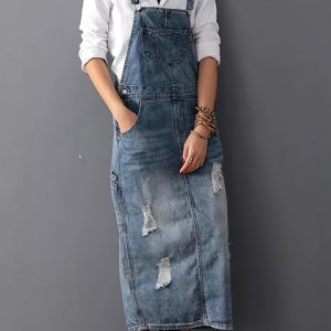 Adjustable Strap A-Line Denim Skirt with Slits and Holes