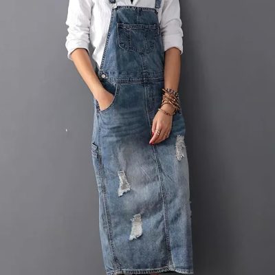 Adjustable Strap A-Line Denim Skirt with Slits and Holes