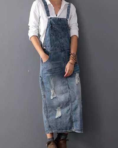Adjustable Strap A-Line Denim Skirt with Slits and Holes