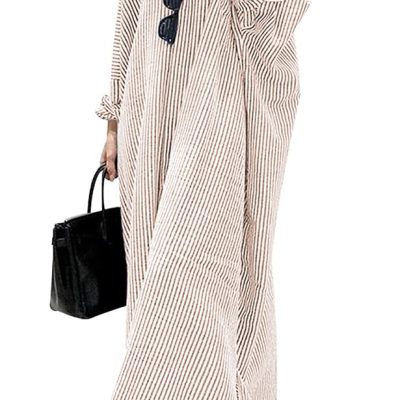 Casual Long Sleeve Striped Cotton Long Shirt Dress