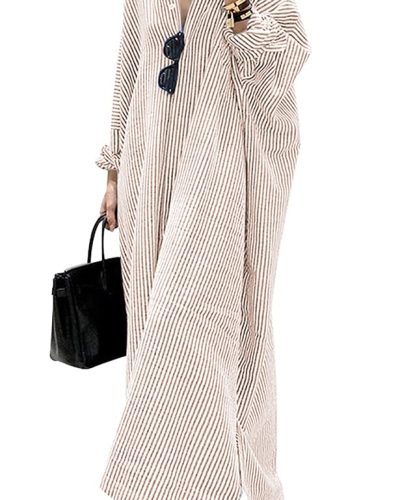 Casual Long Sleeve Striped Cotton Long Shirt Dress