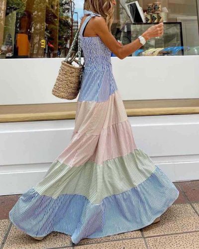Colorblock Striped Ruffled Maxi Dress