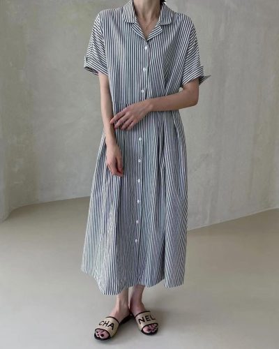 Cotton Button-Down Striped Shirt Dress