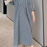 Cotton and Linen Lantern Puff Sleeve Plaid Long Skirt