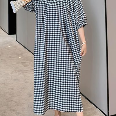 Cotton and Linen Lantern Puff Sleeve Plaid Long Skirt
