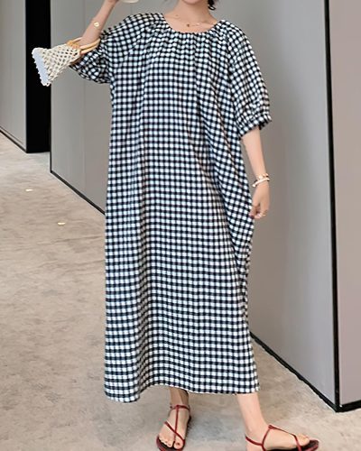 Cotton and Linen Lantern Puff Sleeve Plaid Long Skirt