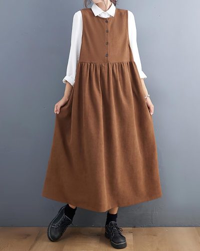 Cute Sleeveless Corduroy Dress with Pockets