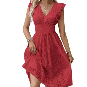 Eyelet Lace Embroidered Pleated A-Line Dress