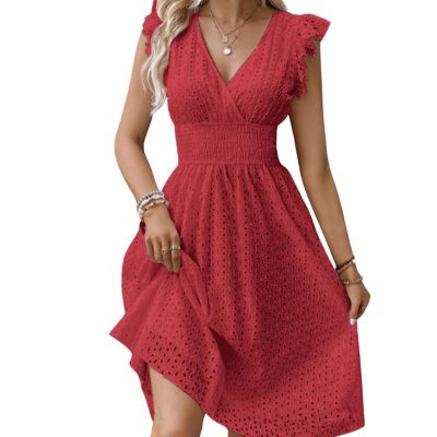 Eyelet Lace Embroidered Pleated A-Line Dress
