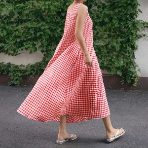 Loose Cotton and Linen Plaid Vest Dress