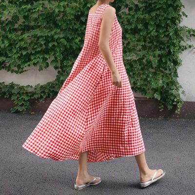 Loose Cotton and Linen Plaid Vest Dress