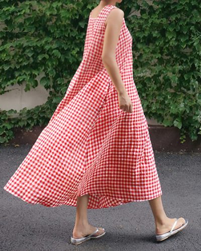 Loose Cotton and Linen Plaid Vest Dress