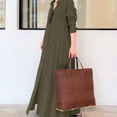 Loose-fitting long-sleeved shirt dress with pockets