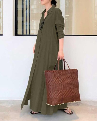 Loose-fitting long-sleeved shirt dress with pockets
