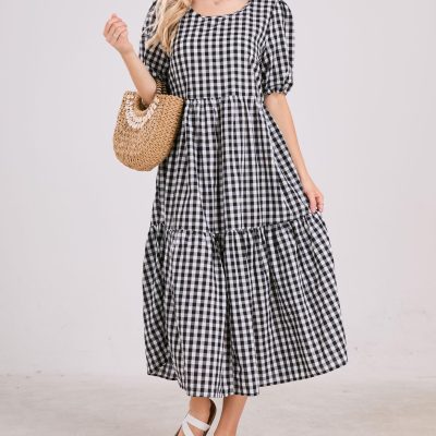 Retro Lantern Puff Sleeve Plaid Dress