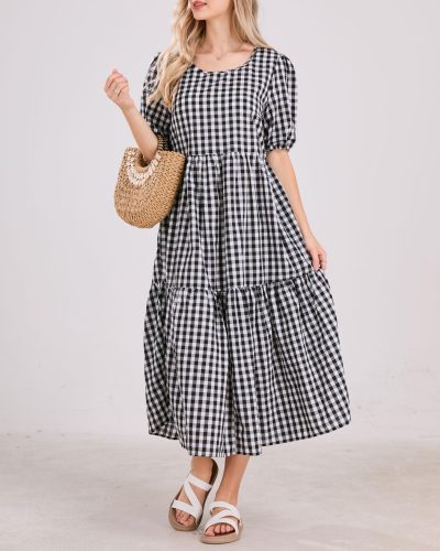 Retro Lantern Puff Sleeve Plaid Dress