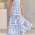 Spaghetti Strap Ruffled Back Long Striped Dress