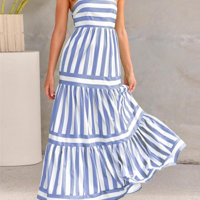 Spaghetti Strap Ruffled Back Long Striped Dress