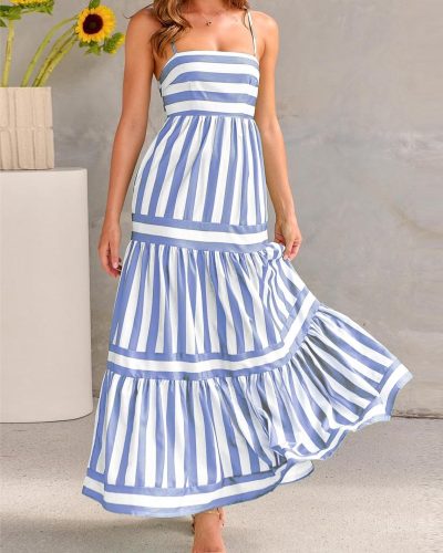 Spaghetti Strap Ruffled Back Long Striped Dress