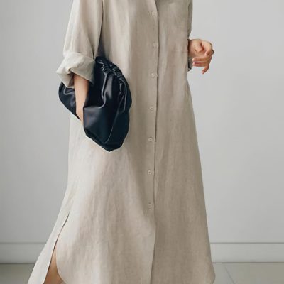 Spring Button-Up Cotton Shirt Dress with Side Slits