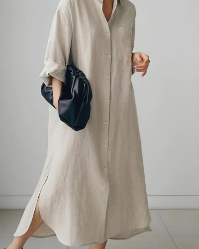 Spring Button-Up Cotton Shirt Dress with Side Slits