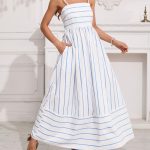 Striped Sexy Spaghetti Strap Hollow Flowing Long Dress