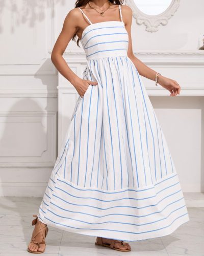 Striped Sexy Spaghetti Strap Hollow Flowing Long Dress