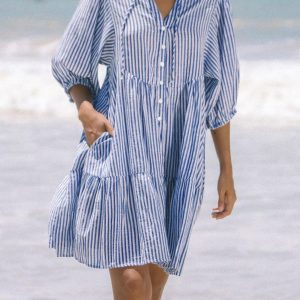 Summer V-neck Casual Striped Midi Shirt Dress