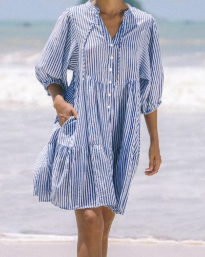 Summer V-neck Casual Striped Midi Shirt Dress