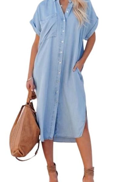 Summer loose mid-length waist denim shirt dress