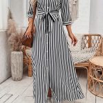 Three-quarter sleeve striped button-down shirt dress