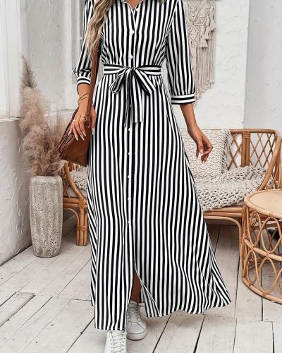 Three-quarter sleeve striped button-down shirt dress
