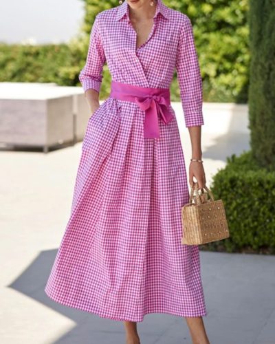 Vintage Plaid Button Long Shirt Dress
