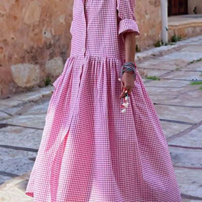 Vintage Plaid Button Long Sleeve Shirt Dress
