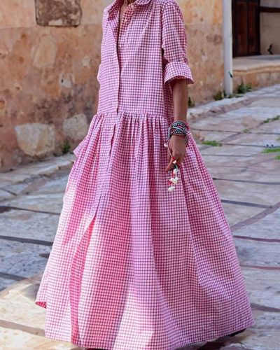 Vintage Plaid Button Long Sleeve Shirt Dress